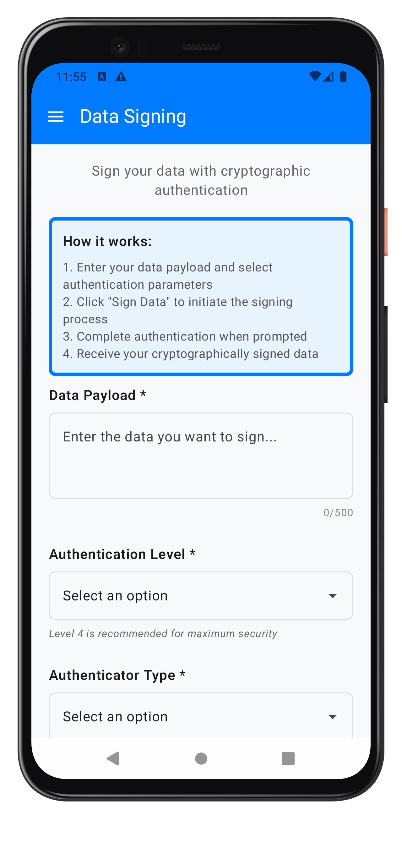 Data Signing Input Screen