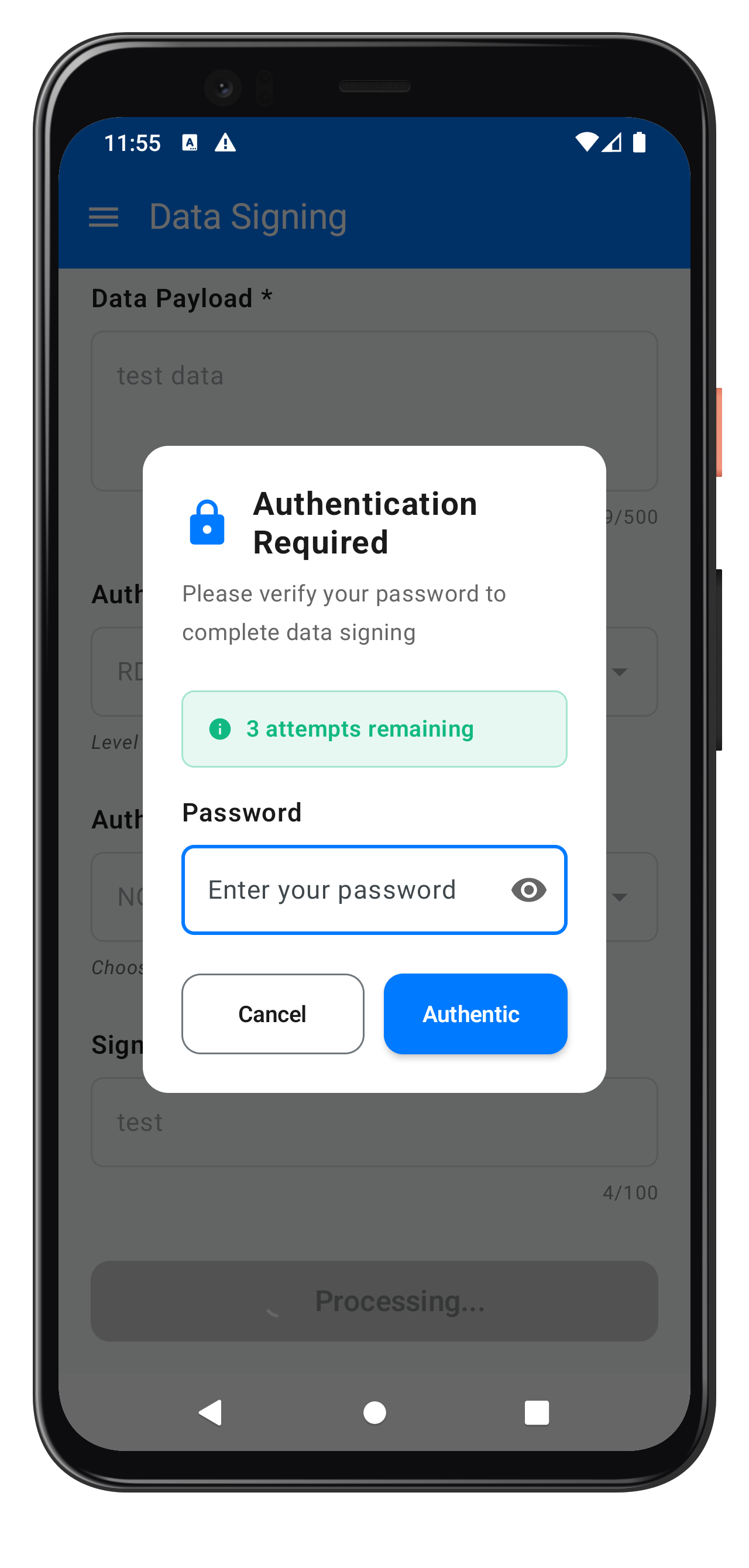 Data Signing Password Challenge Modal