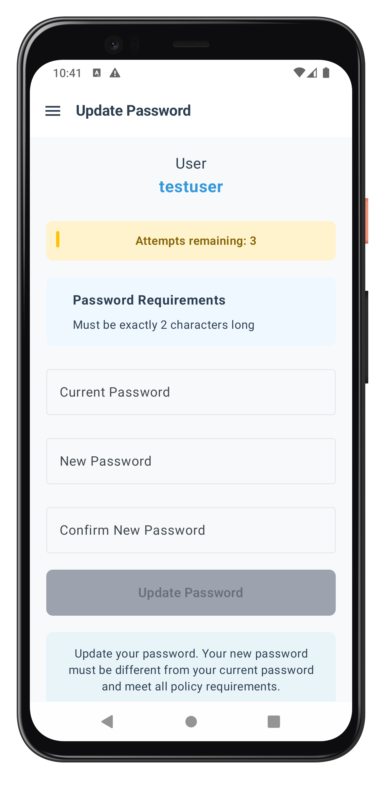 Update Password Screen