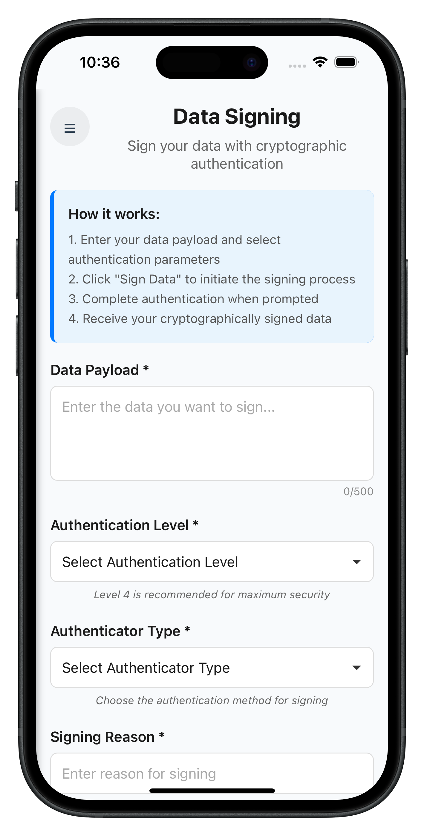 Data Signing Input Screen