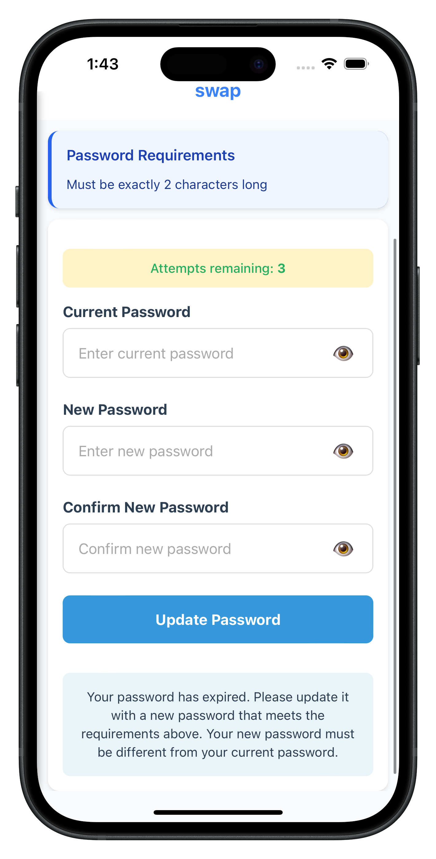 Expiry Update Password Screen