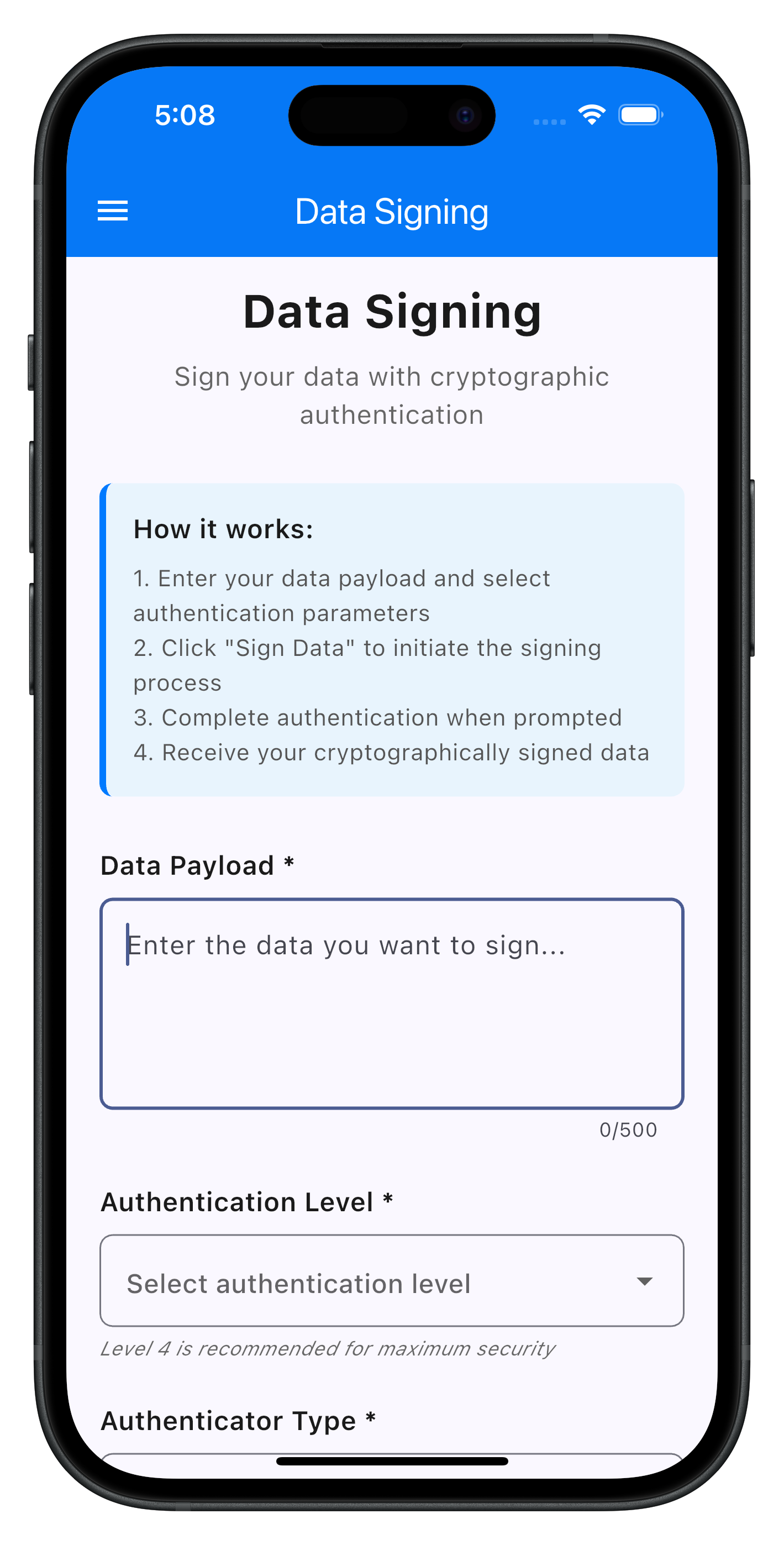 Data Signing Input Screen