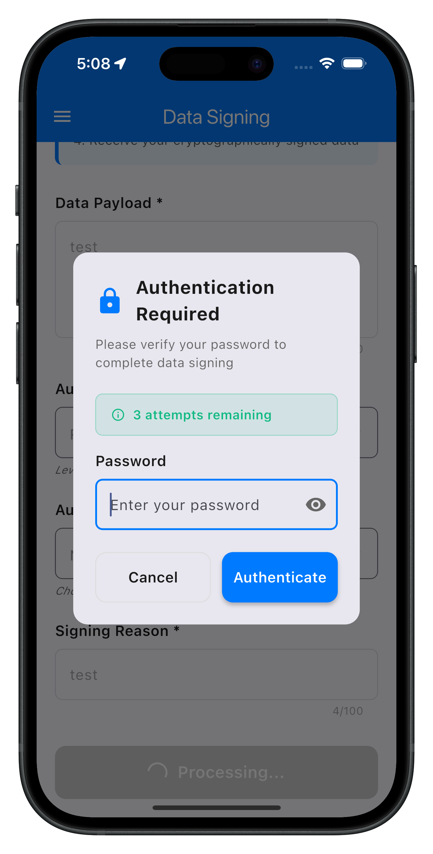 Data Signing Password Challenge Modal