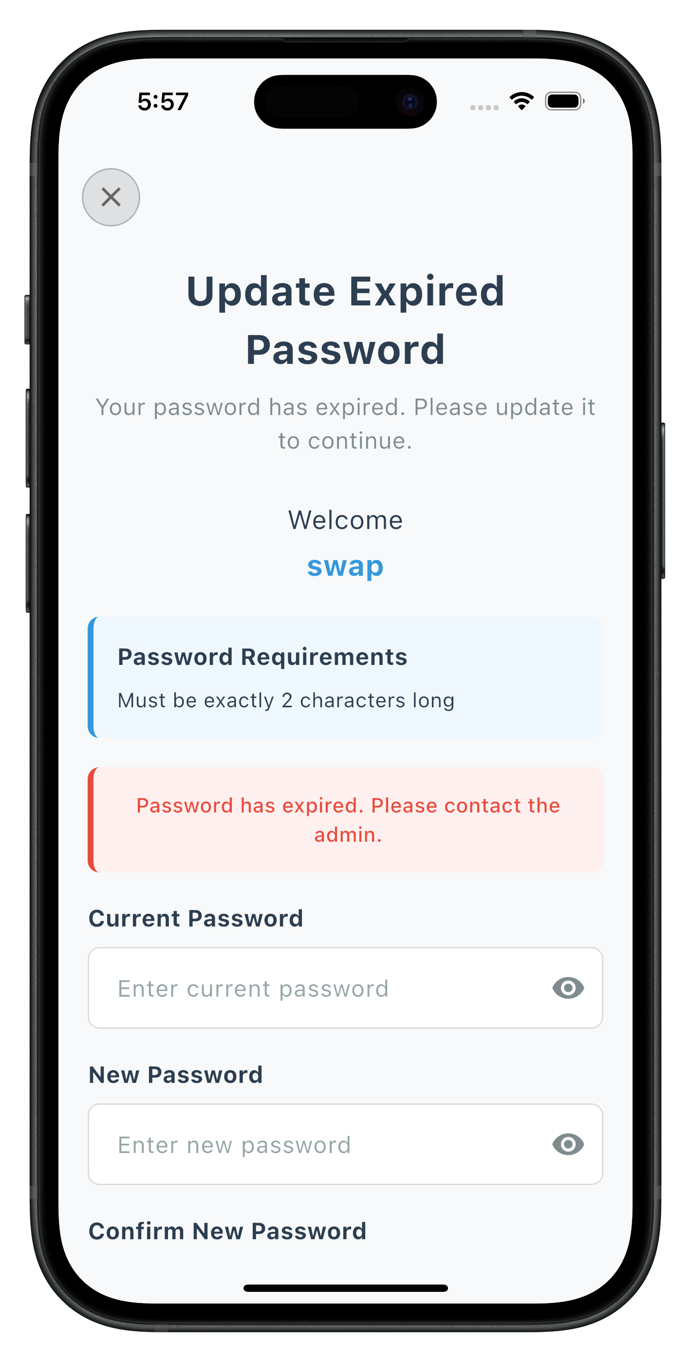 Expiry Update Password Screen