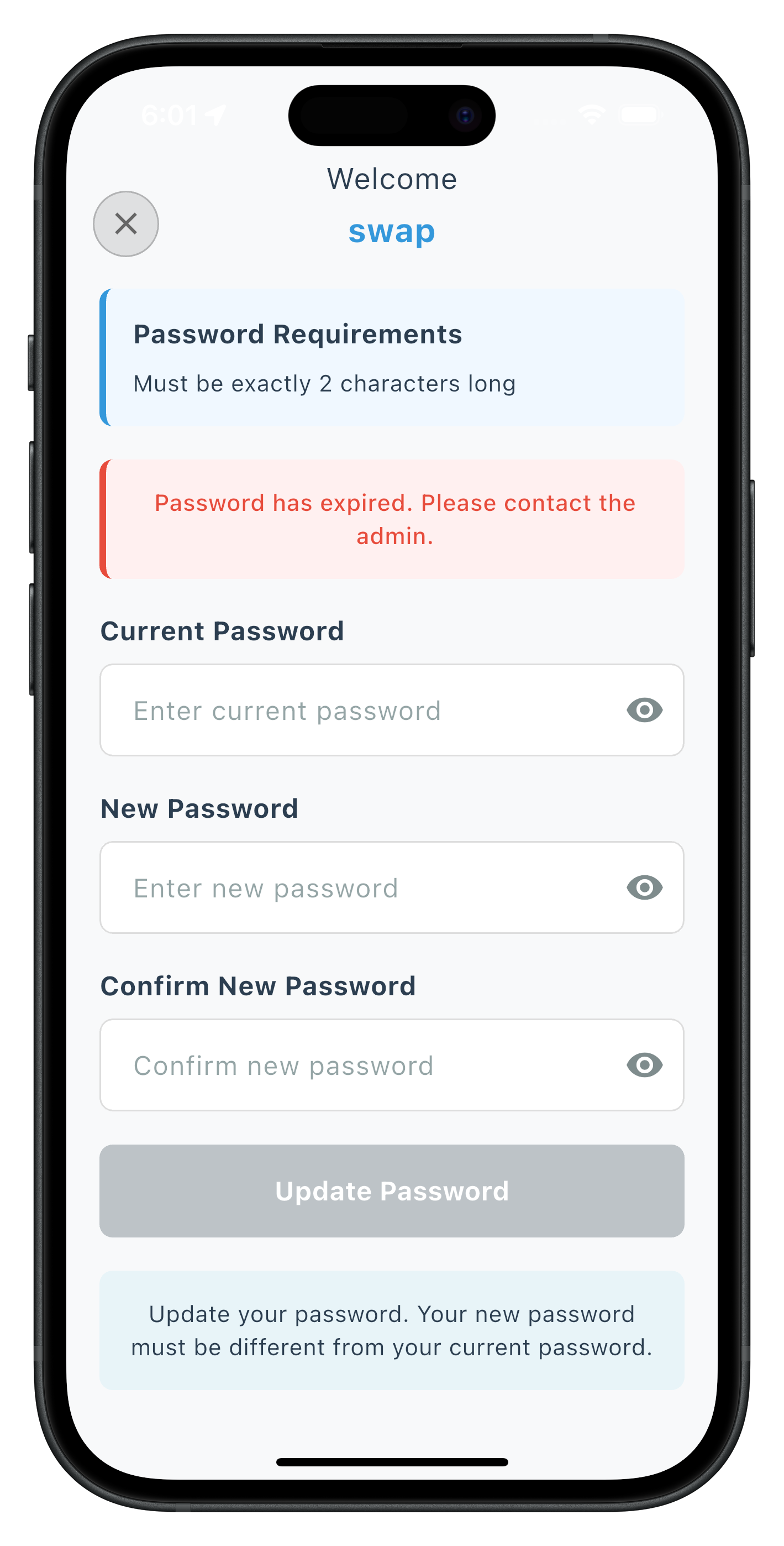 Expiry Update Password Screen