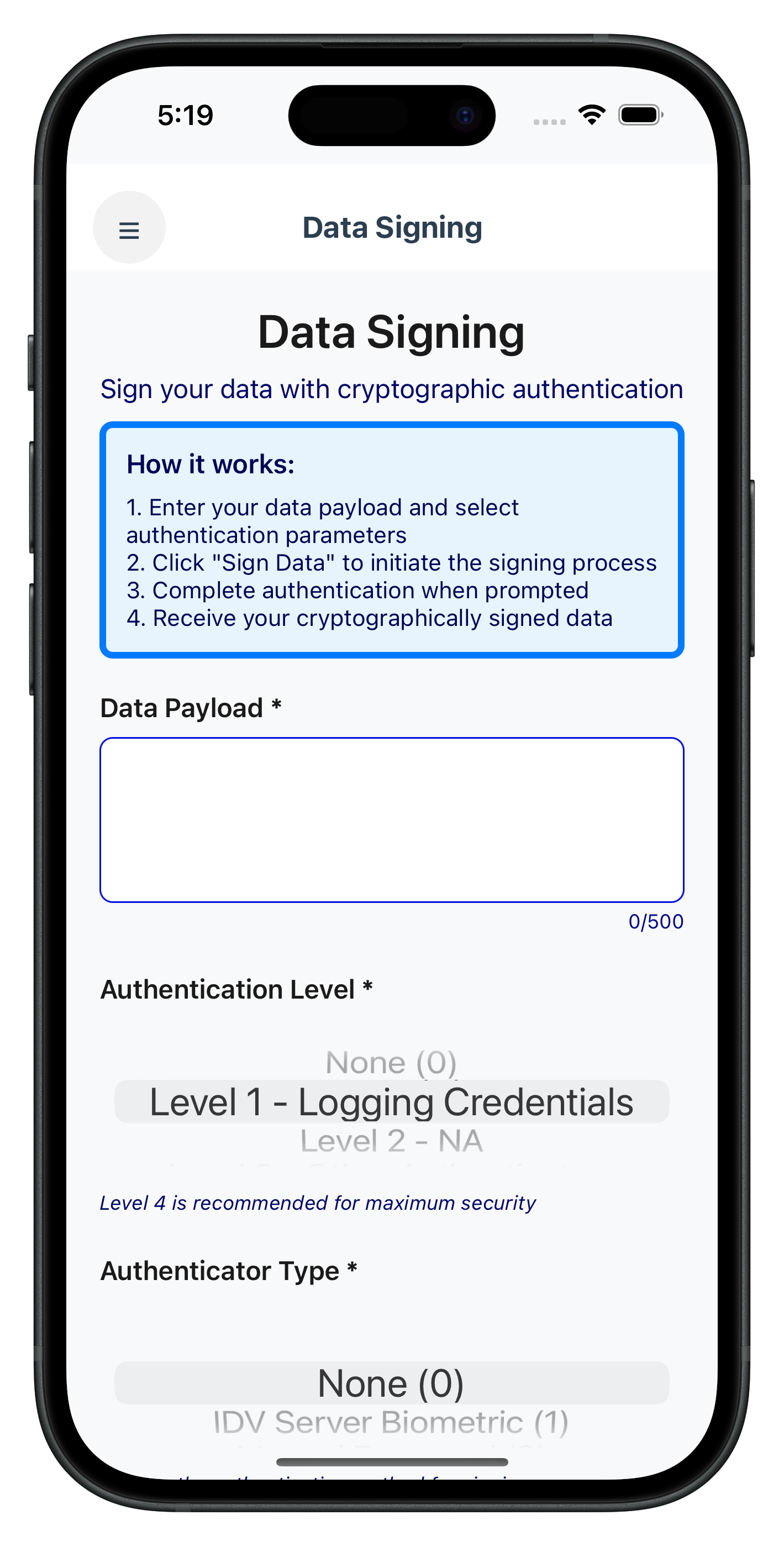 Data Signing Input Screen