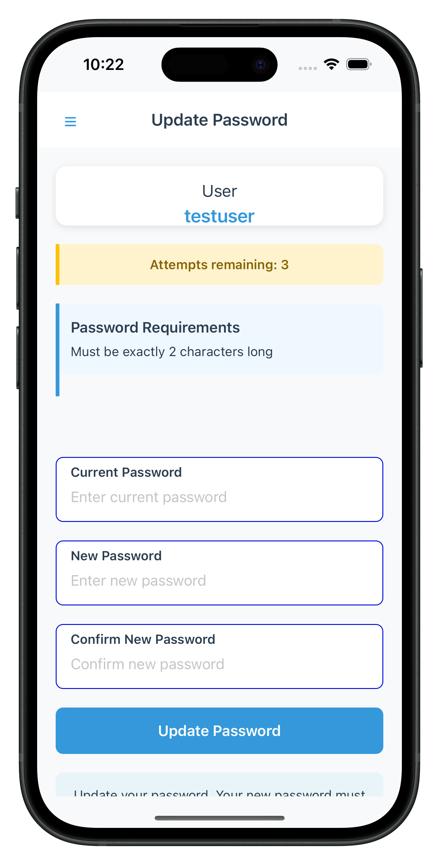 Update Password Screen