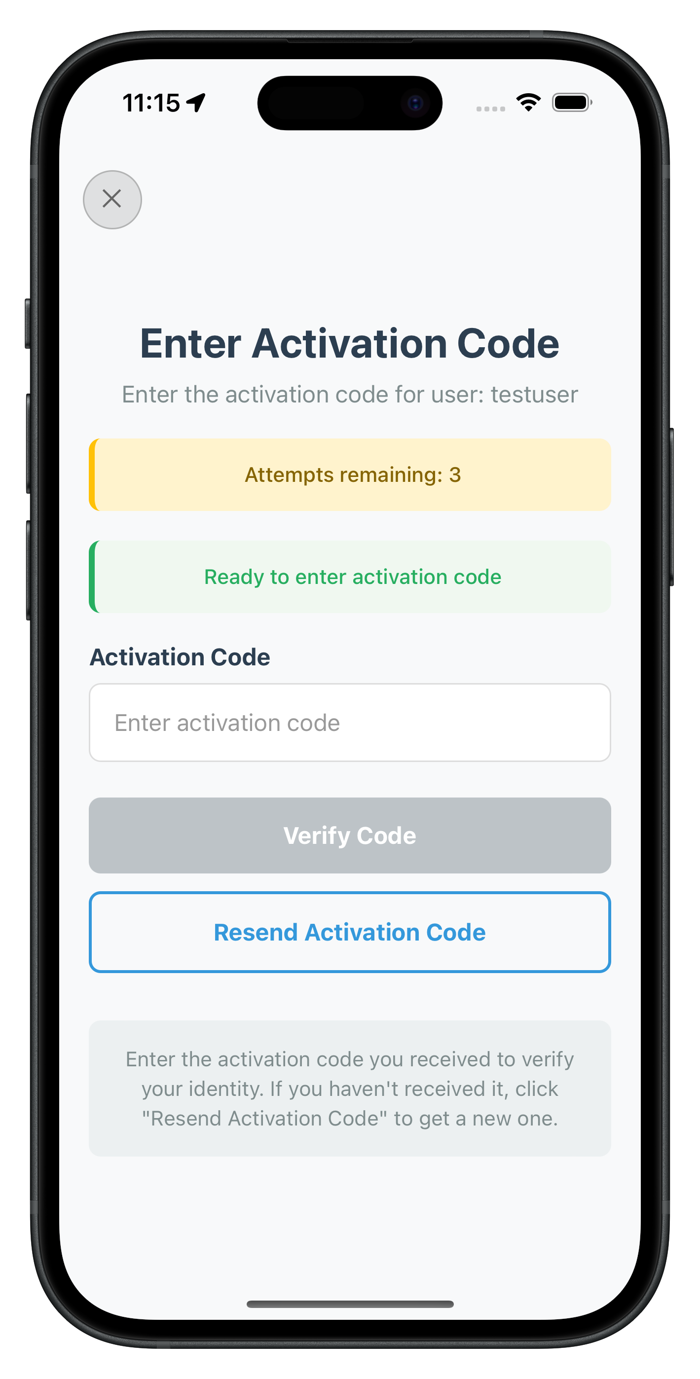 Activation Code Screen
