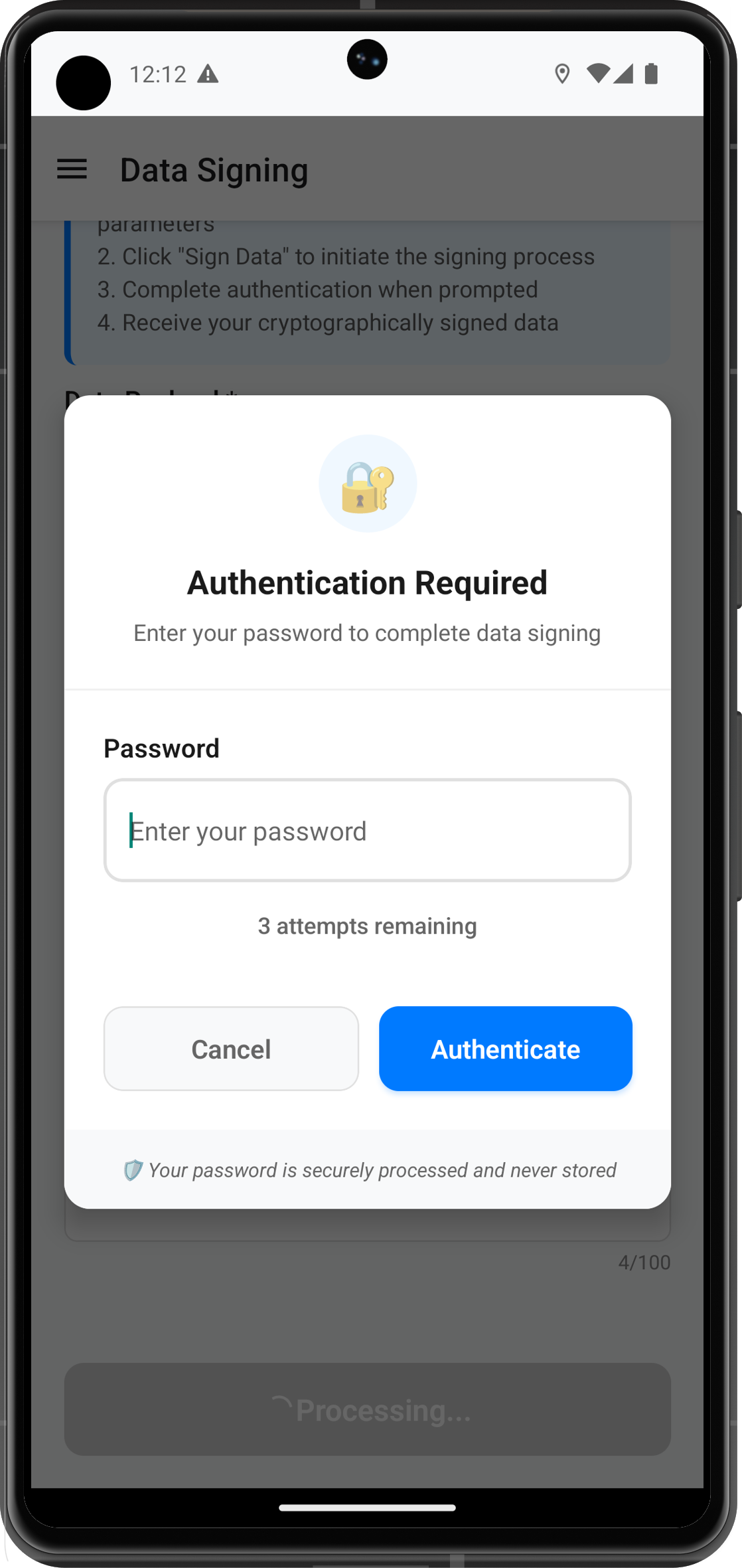 Data Signing Password Challenge Modal