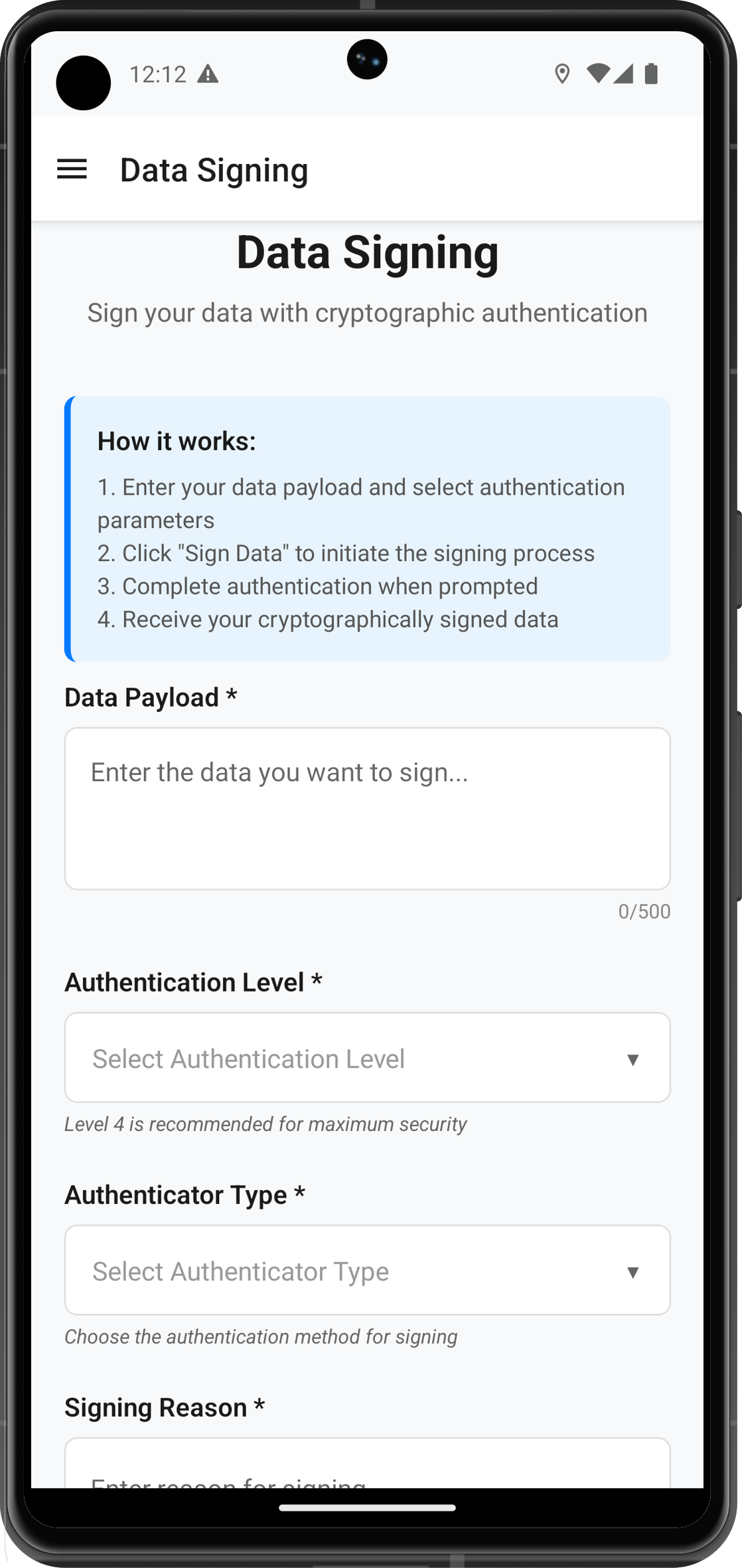 Data Signing Input Screen