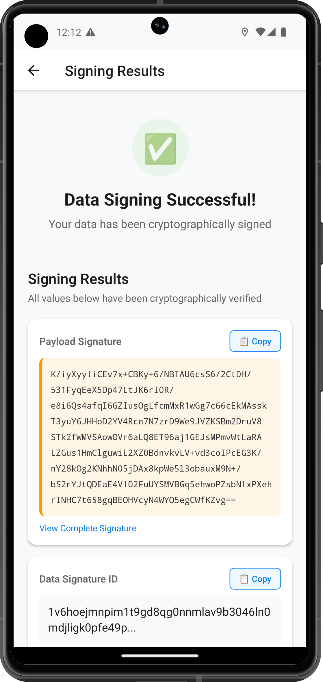 Data Signing Success Results Screen