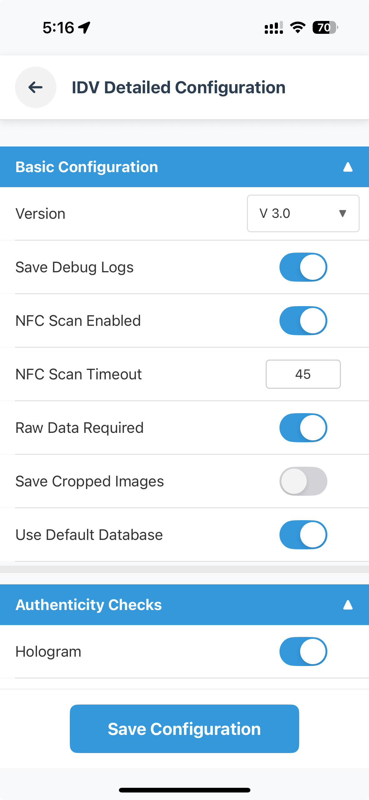 IDV Configuration Settings Screen