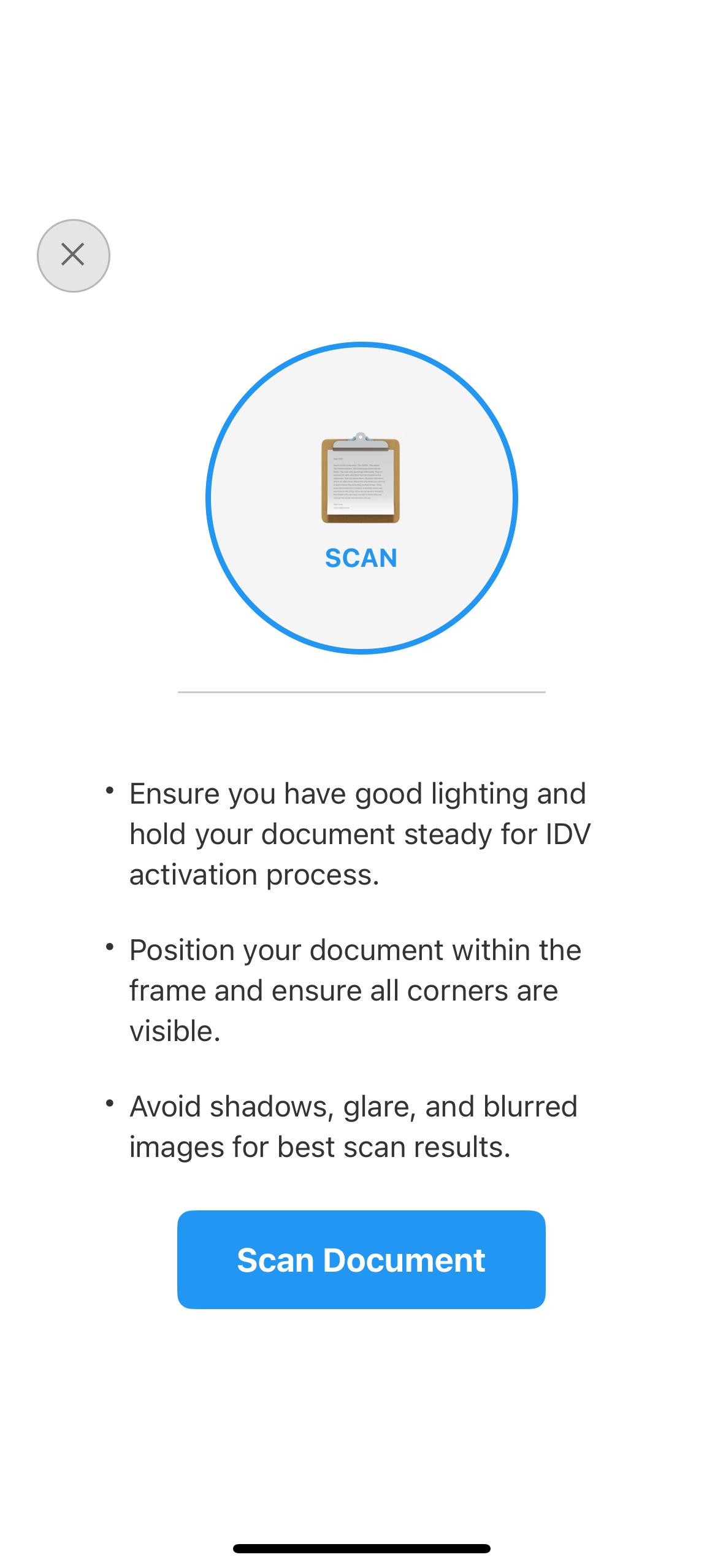IDV Document Scan Process Start Confirmation Screen