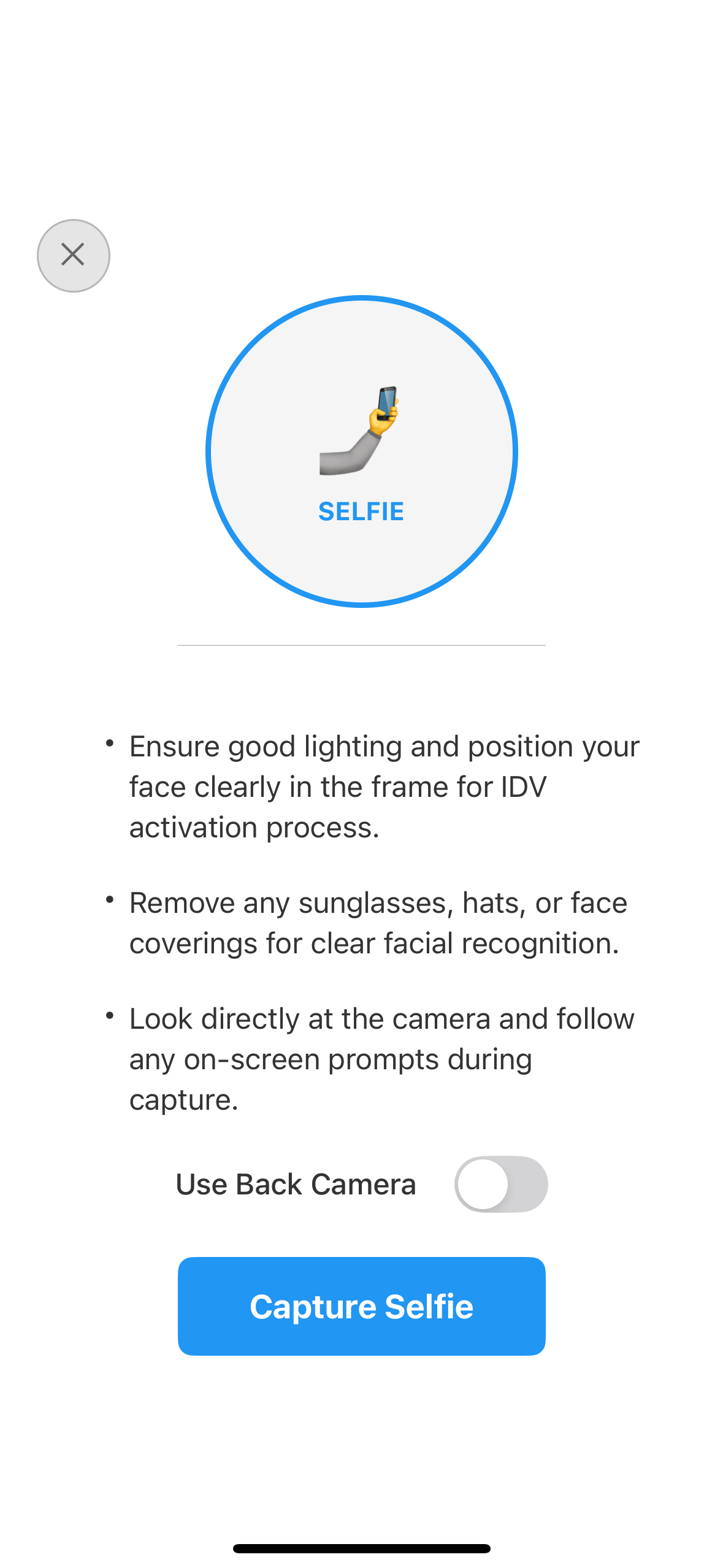IDV Selfie Process Start Confirmation Screen