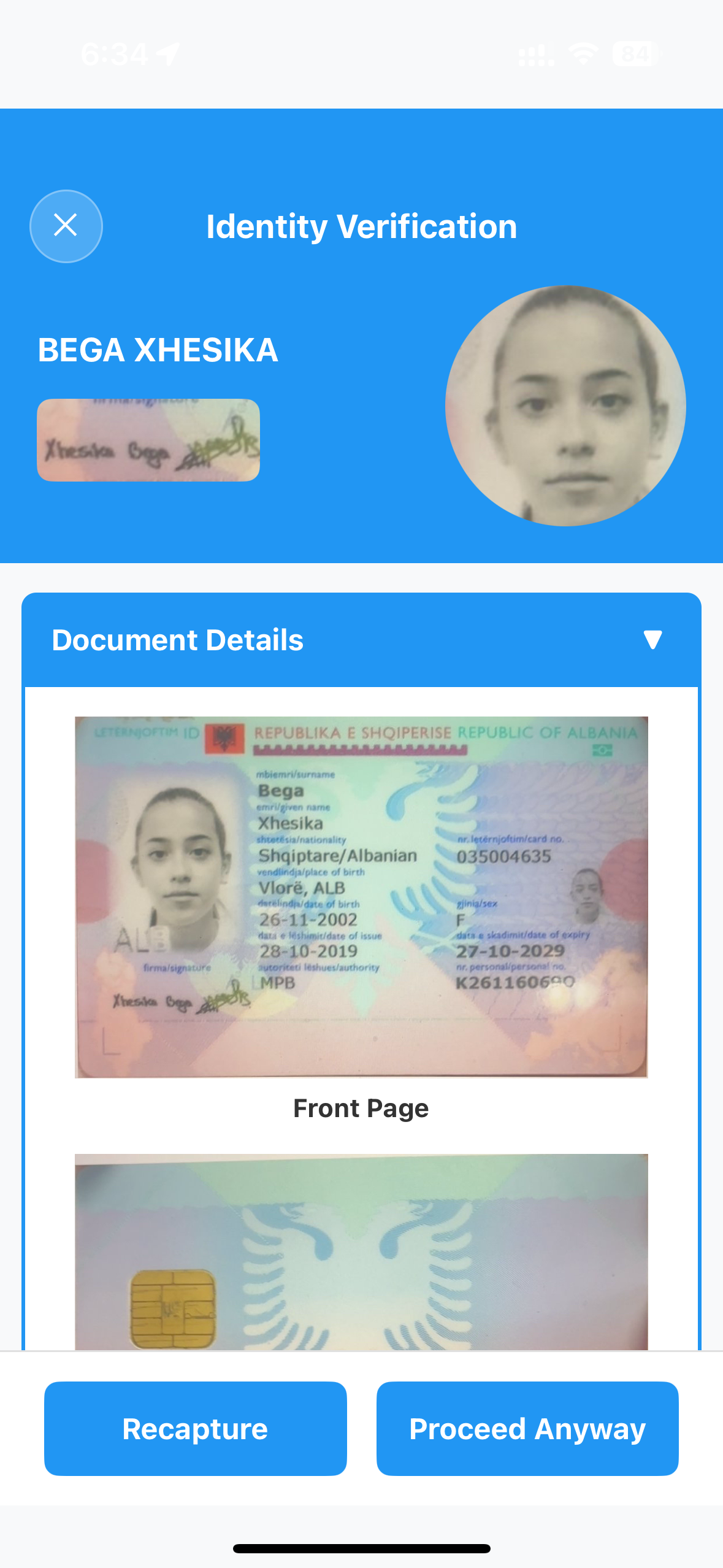 IDV Document Details Confirmation Screen