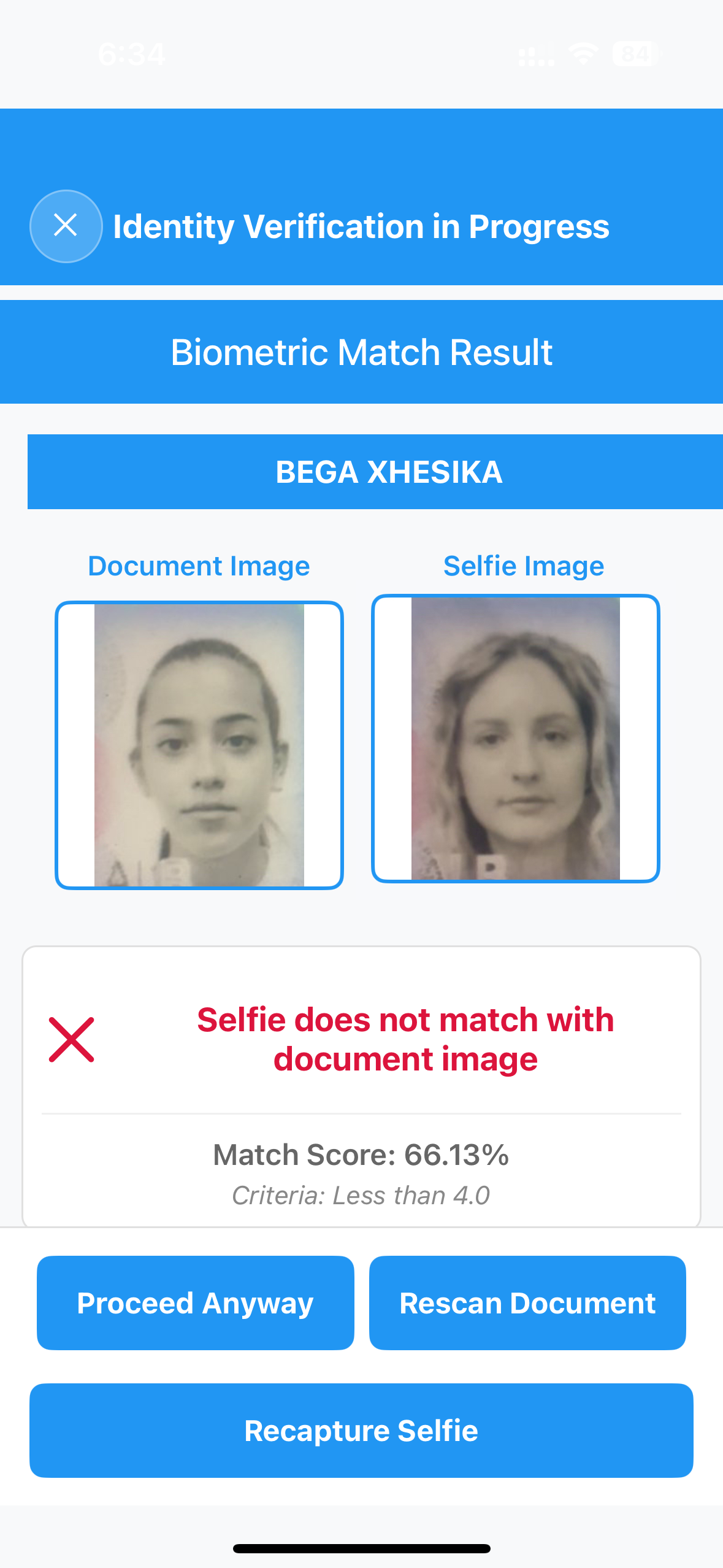 IDV Selfie Confirmation Screen