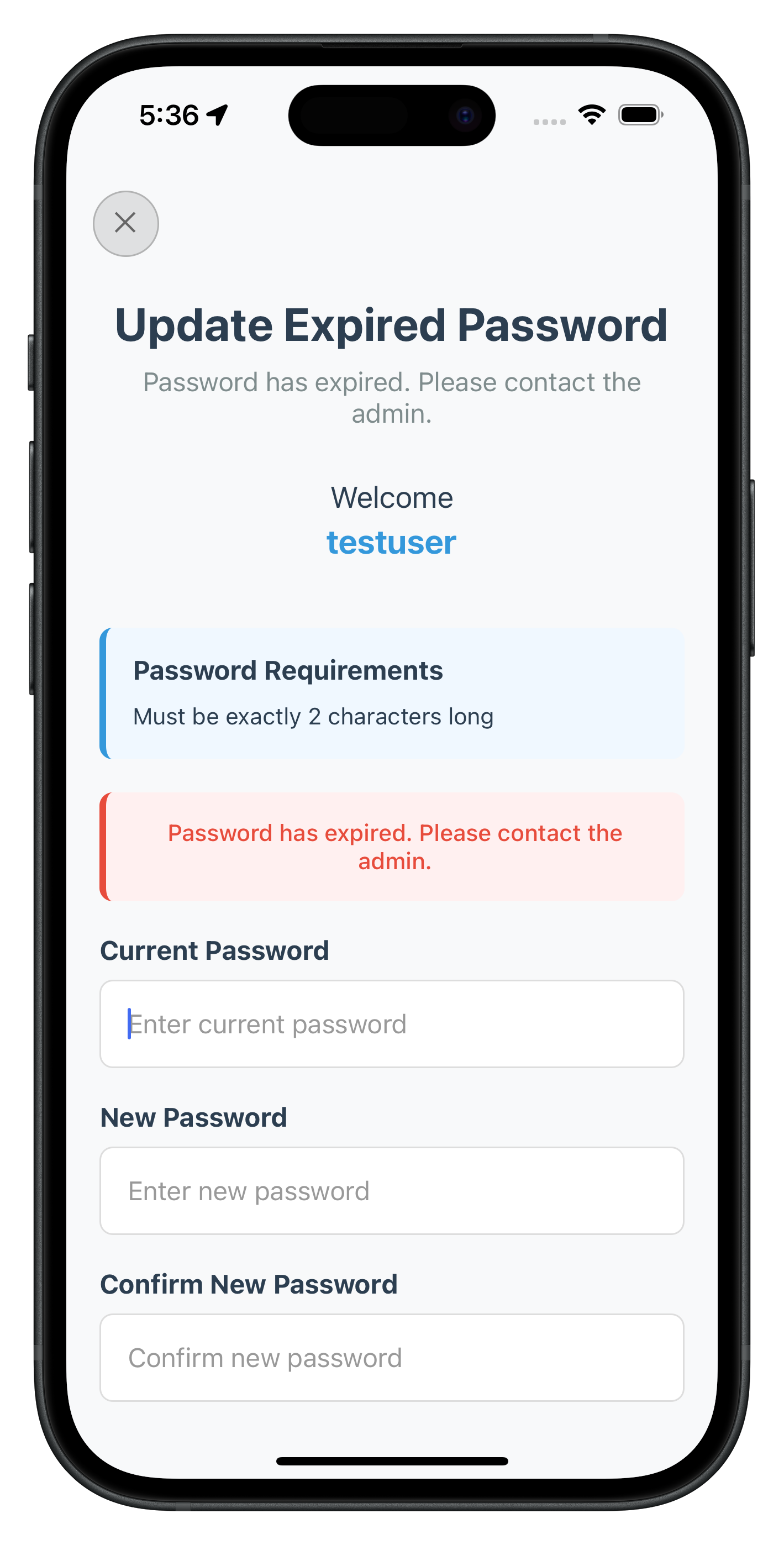 Expiry Update Password Screen